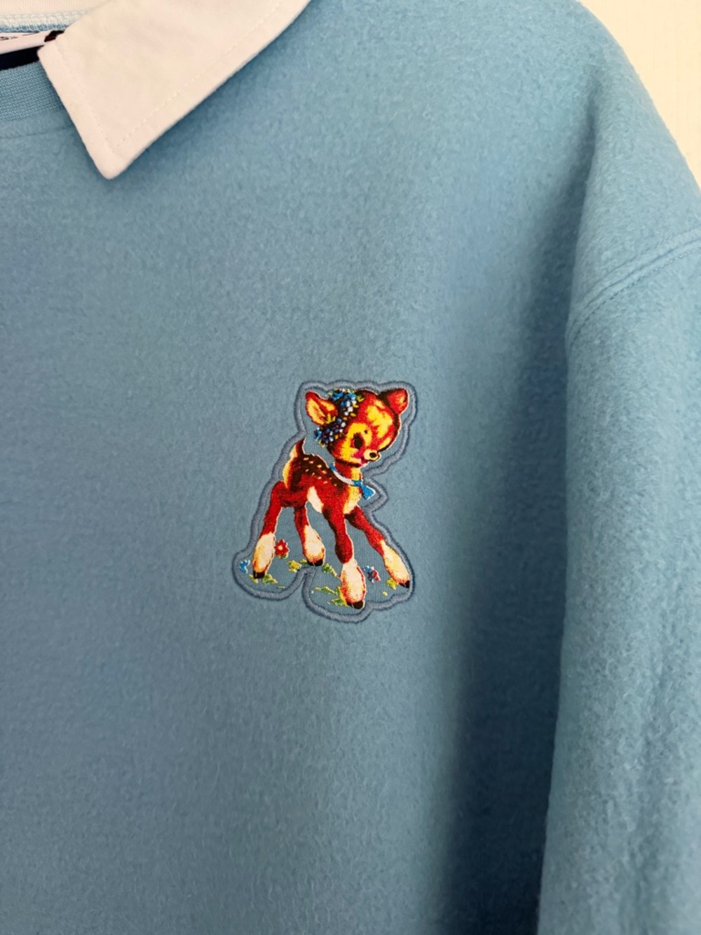 Blue Crewneck Sweater with Contrast White Collar and Dear Patch - Picture 3 of 4